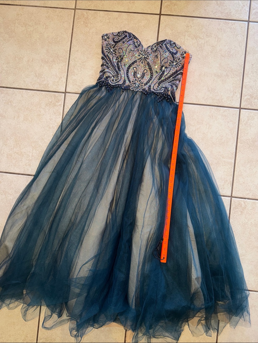 Teal Beaded Strapless Tulle Prom Gown Formal Dress Fairycore - Picture 9 of 13